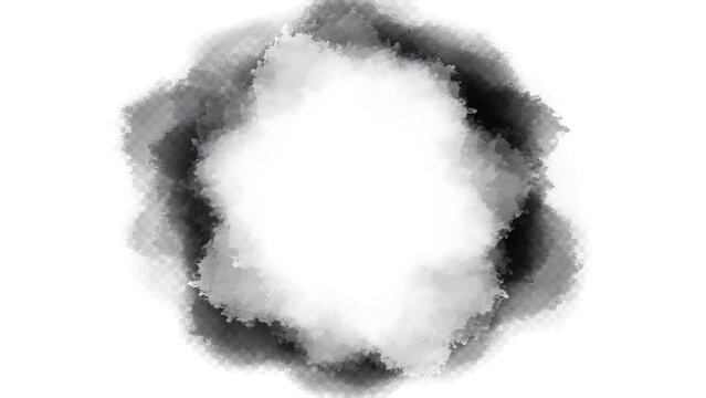 Circular watercolor splash effect with grayscale tones is presented on transparent background abstract texture