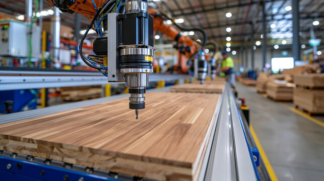 Busy furniture factory with multiple automated CNC machines carving and shaping wooden boards, precision robotic cutters working continuously along a production line, organized stacks of timber and 