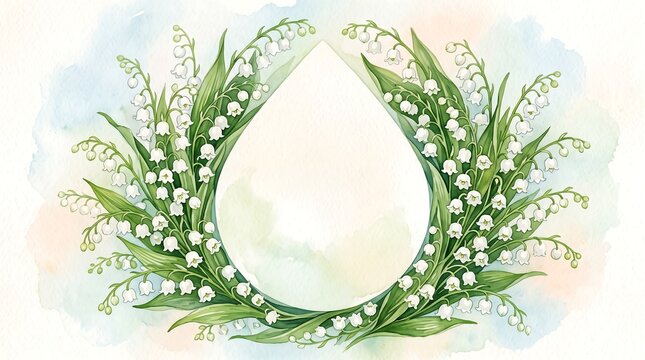 Delicate watercolor lily of the valley wreath forming an elegant floral frame perfect for spring greetings wedding invitations or botanical designs