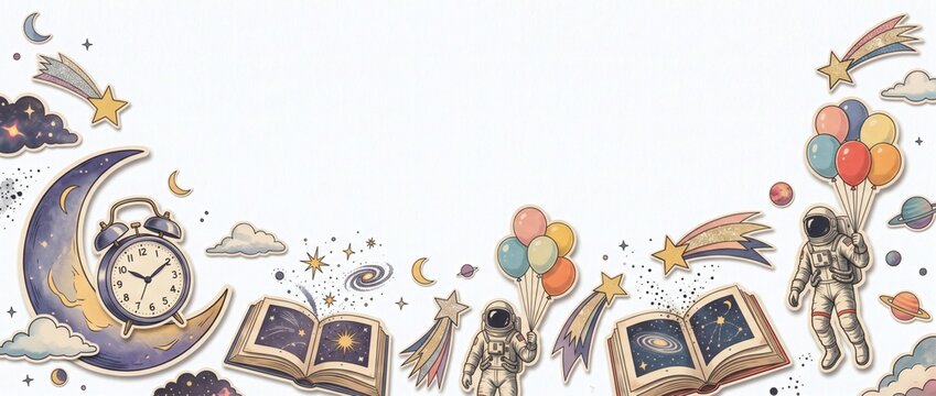 Fairy tale bedtime story crescent moon floats with magical flying books. Dreamy fantasy hot air balloons drift over clean white cloud backdrop. Starlight slumber fable. Wide banner, copy space.