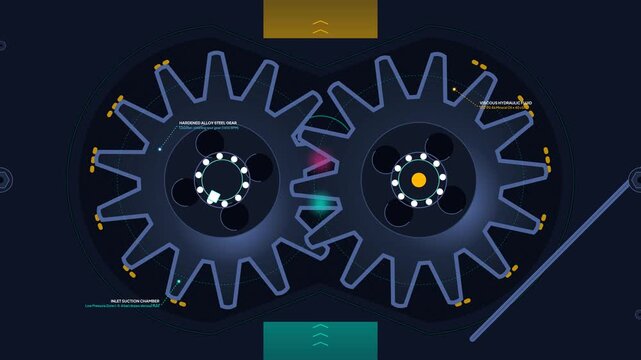 Animated 3D infographic demonstrating gear pump cavitation process, showing localized vapor pressure drop, nuclei formation, microjet collapse, and erosive pitting wear on hardened steel