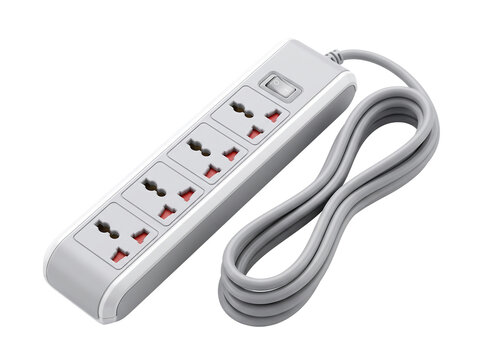 Electrical power strip with multiple universal outlets and coiled cord during studio lighting Isolated on transparent background