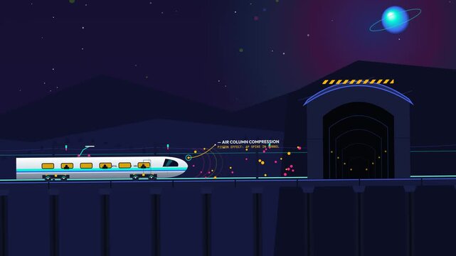 Educational animation explaining biomimicry in engineering showing how the kingfisher beak design optimizes aerodynamics for high-speed bullet trains entering tunnels to eliminate shockwaves