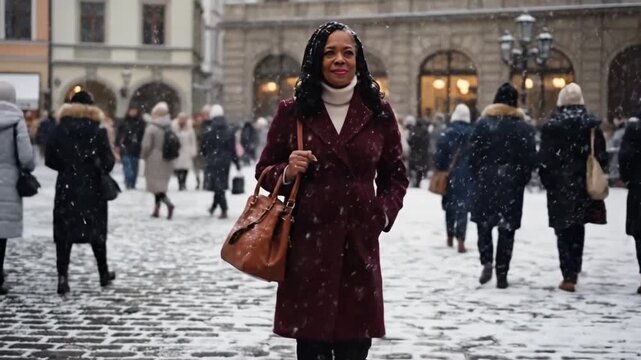 Smiling woman walks through snowy square with handbag in winter city. She wears burgundy coat and white turtleneck while crossing wet cobblestones among bundled pedestrians in festive public setting.