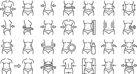 Obraz premium Weight Loss Slim Body Waistline and Female Fitness Measurement Outline Icons Vector SetWeight Loss Slim Body Waistline and Female Fitness Measurement Outline Icons Vector Set