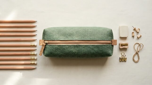 Pencil case with wooden pencils and office school supplies arranged on a flat surface. biodegradable pencil cases 