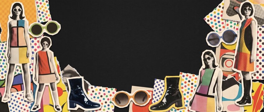 Retro sixties mod fashion models pose in vibrant psychedelic mini dresses. Groovy disco boots and vintage beauty couture on dark black backdrop. Chic runway lifestyle. Banner with copy space.