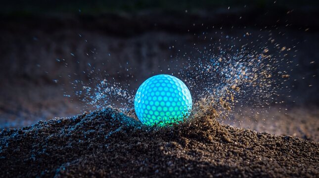Luminous golf ball striking sand with vibrant blue light and energetic splash