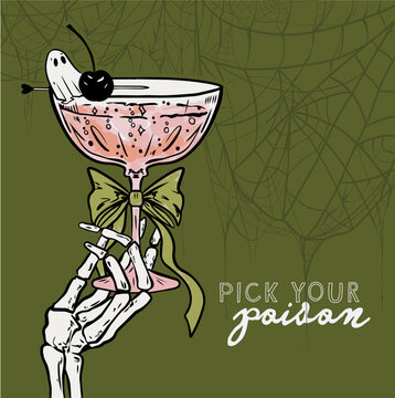 Halloween Cocktail with Skeleton Hand, Halloween Coupe&acute;Champagne glass with Green Bow, Ghost, Cherries and Cob web, Spooky Drink Illustration