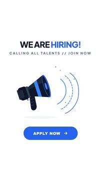 We are hiring recruitment animation with blue megaphone and apply now button on white background
