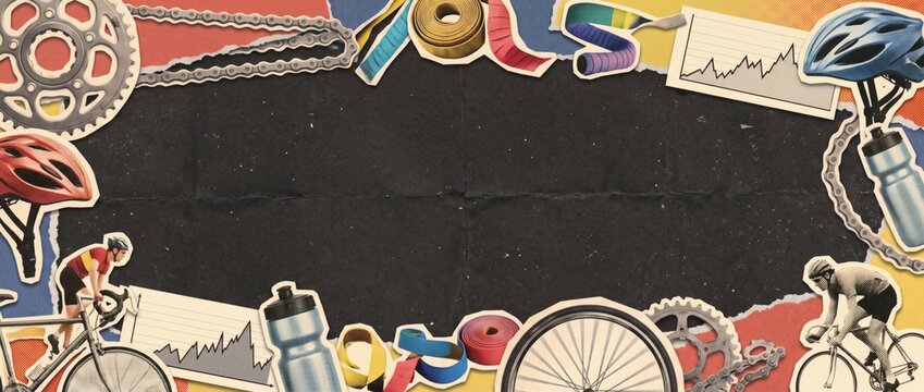Vintage bicycle cycling race riders pedal beside metal gears and wheels. Historic velodrome athletic sports competition on chalkboard backdrop. Classic tour championship. Wide banner, c...