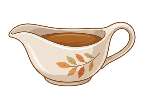 Ceramic gravy boat filled with rich brown sauce adorned with autumn leaves isolated on transparent background