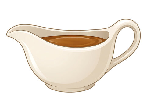 Creamy gravy in a white ceramic gravy boat with a handle isolated on transparent background