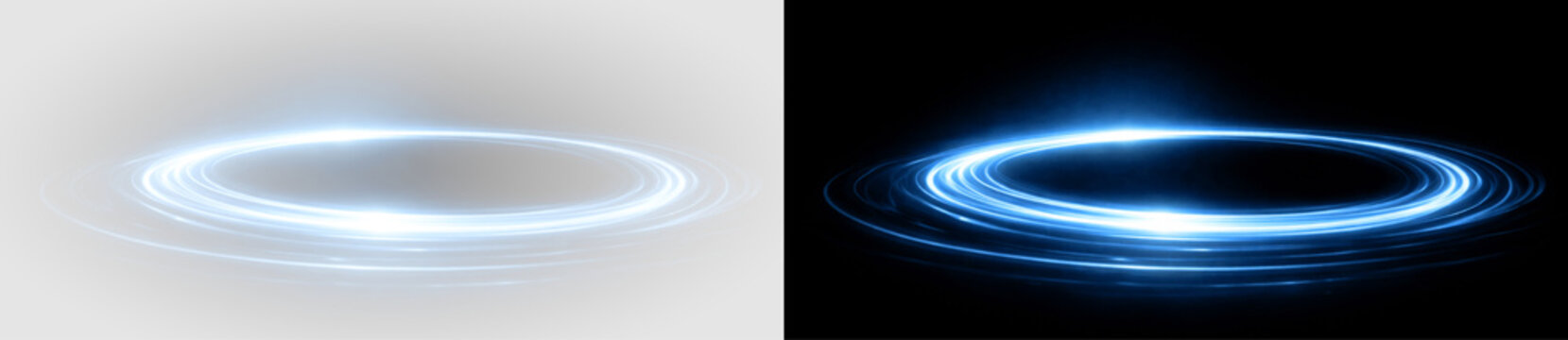 Paired blue elliptical glowing rings with luminous streaks on transparent background