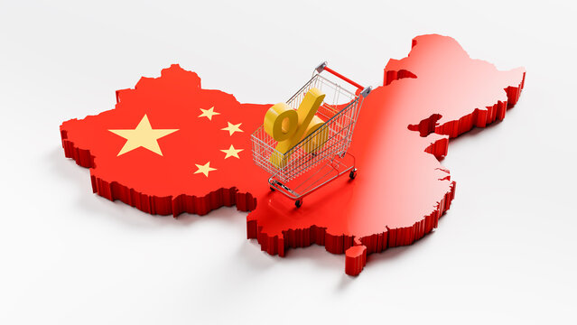 Inflation in China concept: A shopping cart with a percent sign on a 3d map of China overlayed by the Chinese flag.