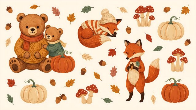 Cute woodland animals pattern with teddy bears foxes mushrooms pumpkins and fall leaves