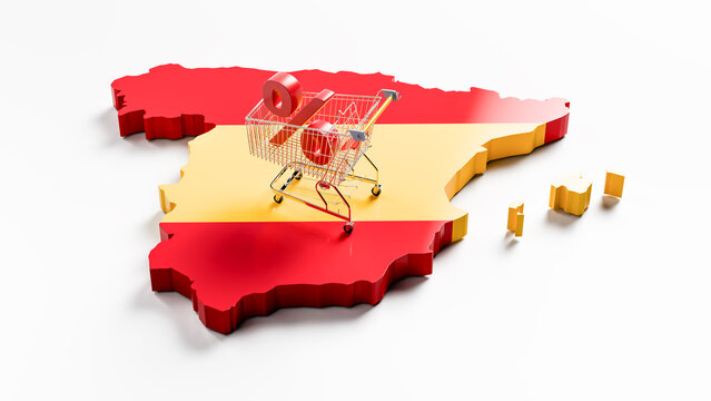 Inflation in Spain concept: A shopping cart with a percent sign on a 3d map of Spain overlayed by the Spanish flag.