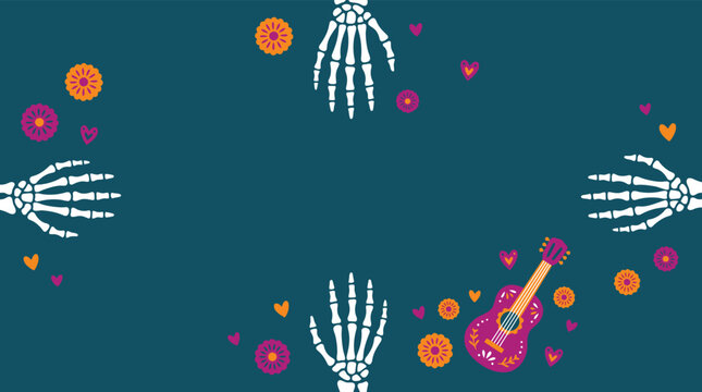 Colorful dia de muertos vector background featuring skeleton hands and festive marigold flowers for traditional mexican holiday celebration design