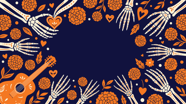 Festive dia de muertos vector background featuring skeleton hands marigold flowers and a guitar for mexican holiday celebration designs
