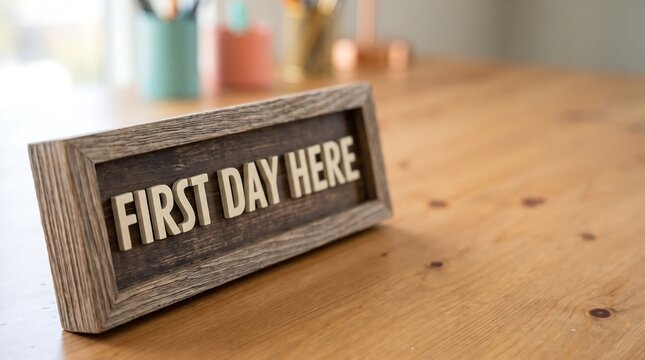 First day here sign on a wooden desk representing a new beginning