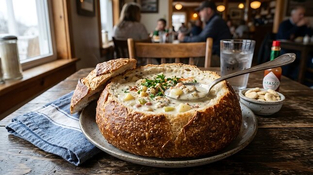 Clam chowder in a sourdough bread bowl is enjoyed at a bustling harbor restaurant by the ocean.