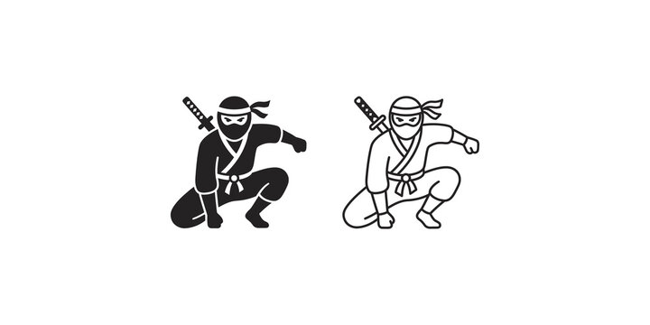 Comparison of solid and line art ninja assassin warrior icons in crouching combat stance.
