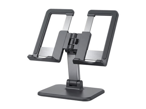 Adjustable tablet stand with a stable base and metallic finish during studio lighting isolated on transparent background