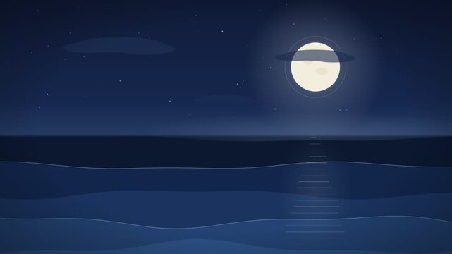 Stylized Full Moon Over Dark Ocean at Night with Parallax Waves Starry Sky and Shooting Star Seamless Loop 4K