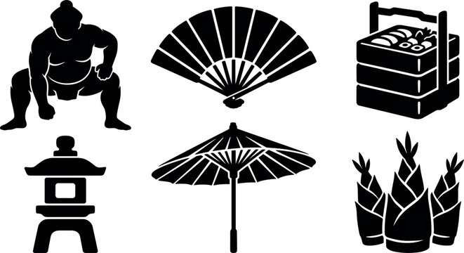 Japanese Traditional Cultural Icons Silhouette Set Sumo Wrestler Fan Umbrella Bento Stone Lantern Clipart Vector Illustration
