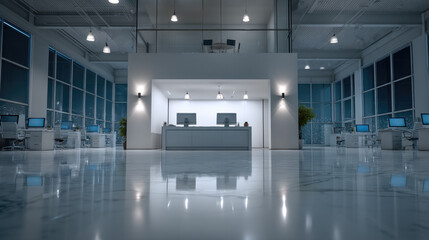 Obraz premium Modern minimalist office interior with large windows, marble floor, computer desks, and bright lighting at night