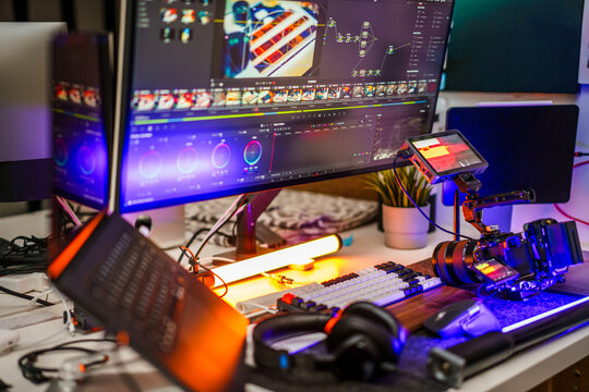 Video editor workspace color grading software monitor camera equipment
