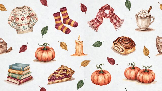 Seamless pattern of cozy autumn including sweaters socks scarves pumpkins and pastries