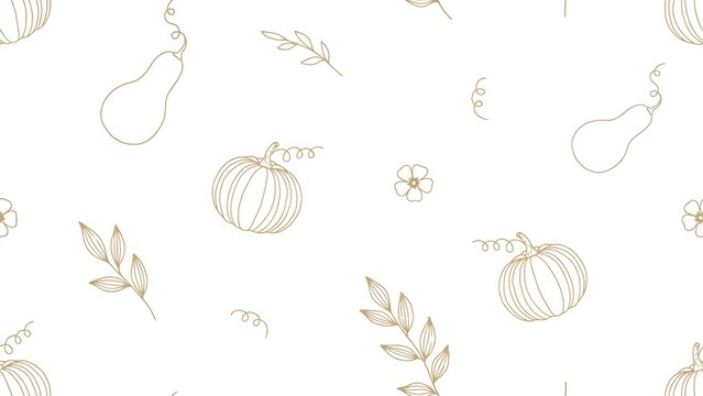 Seamless pattern of golden line pumpkins and autumn leaves on a white background
