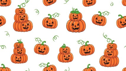 Fototapeta premium Seamless pattern of cute cartoon jack o lanterns with smiling faces on a white background