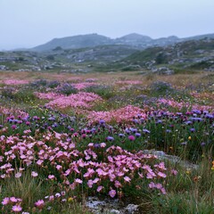 Fototapeta premium Cloudy limestone wildflower meadow in spring