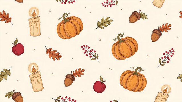 Seamless pattern of hand drawn autumn including pumpkins candles apples and acorns on cream