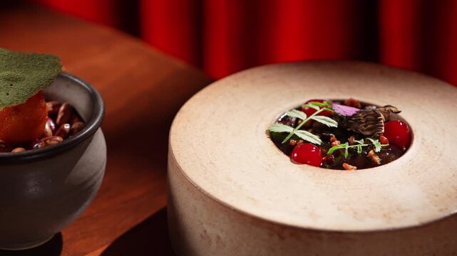Gourmet fine dining dish featuring a creative mushroom and berry presentation on a wooden table