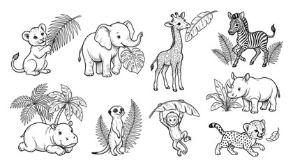 Fototapeta premium Hand Drawn Jungle Animal Collection with Koala, Elephant, Giraffe, Zebra, Rhino, Sloth, Leopard and Tropical Wildlife Illustrations