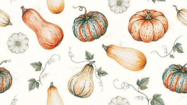Seamless pattern of various pumpkins and squash with green vines on a white background