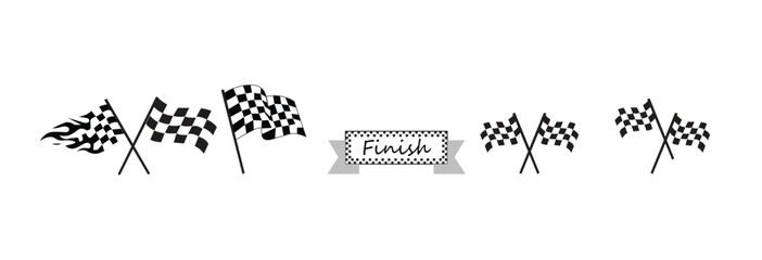 Fototapeta premium Chequered Flag Set Racing Finish Line Crossed Flags and Flame Vector Illustration