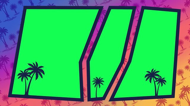 Tropical green screen template with animated frames, palm silhouettes and vibrant sunset colors, designed for coastal, nightlife, travel and urban themed video projects