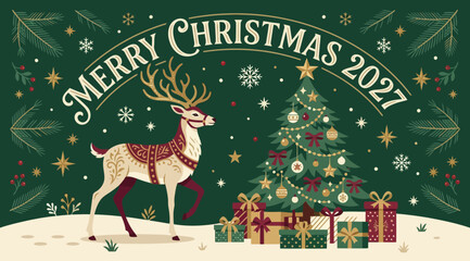 Merry christmas 2027 greeting card with a decorated christmas tree, gifts, and a reindeer standing in a snowy landscape, green background © Rijvi