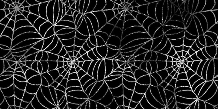 Halloween spider web seamless pattern, white cobweb texture on black background, spooky gothic spiderweb overlay for dark holiday design