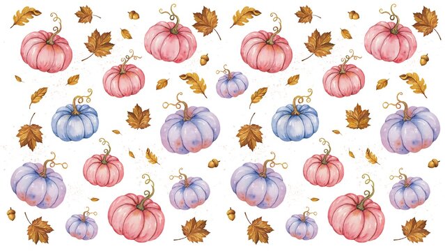 Seamless pattern with watercolor pumpkins and autumn leaves on a white background for fall
