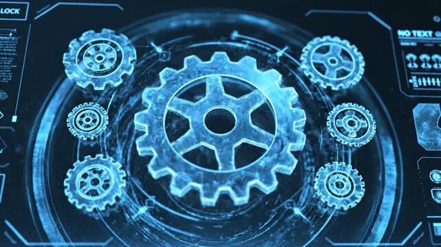 Futuristic gears on blue high-tech interface display