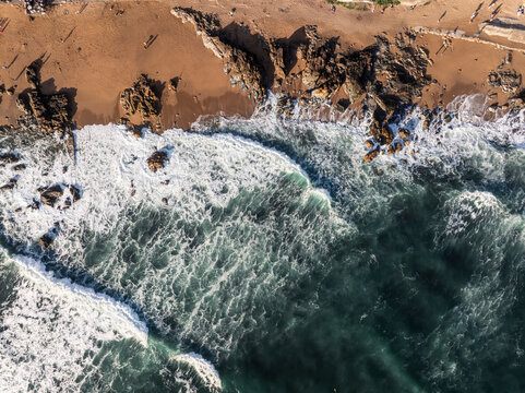 Aerial view of rocky coastline of the Atlantic Ocean. Porto, Portugal