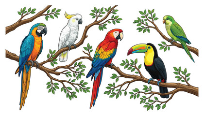 Fototapeta premium Exotic Tropical Birds Vector Set featuring Blue Macaw Cockatoo Scarlet Macaw Toucan and Parakeet Perched on Tree Branches for Wildlife Graphic Design