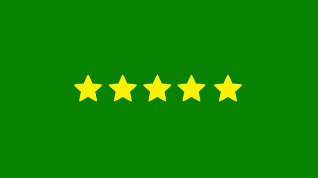 Animated five star rating icon with golden stars, customer feedback, product quality and customer satisfaction concept, 4k rating animation on green screen background