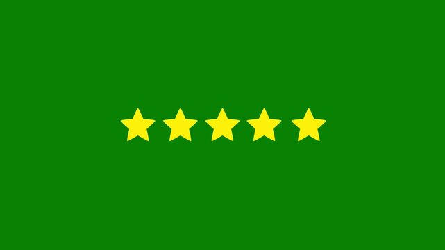 Five golden stars rating animation, 5 star customer review and feedback icon, high quality satisfaction symbol with shine effect, 4k motion graphic on green background