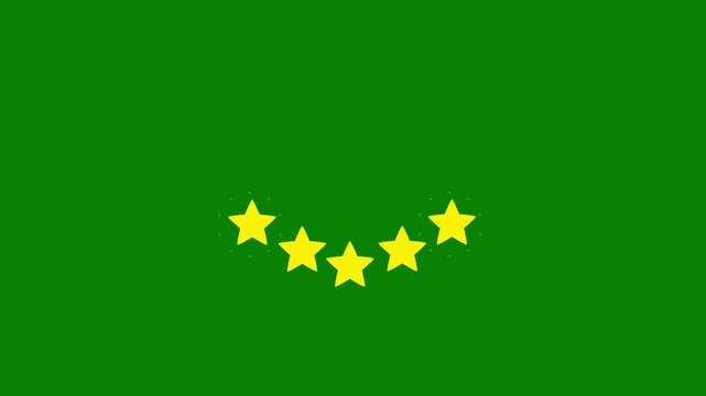 Five golden star rating animation, 5 out of 5 customer review and satisfaction symbol, premium quality rating icon, 4k animated motion graphic on green background